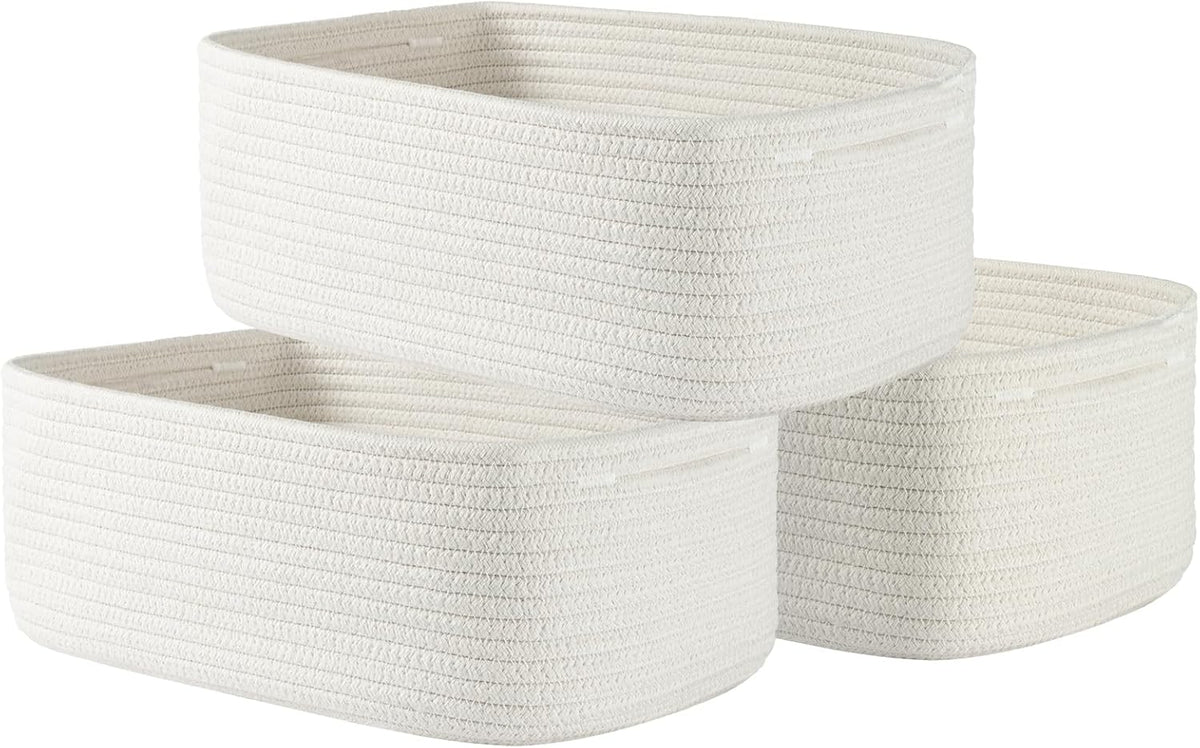 Small Woven Basket, 13.5 x 9.5 x 5 Inches, Storage Basket for Organizing, Cute Small Rope Shelf Closet Cube Storage Bins Baskets for Shelves, Dog Toy Gift Baskets Empty, 3 Packs, Off White
