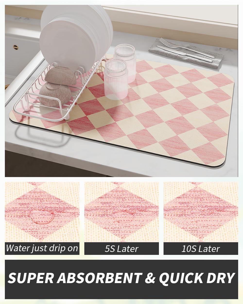 AMOAMI Coffee Mat Hide Stain Rubber Backed Absorbent Dish Drying Mat for Kitchen Counter - Fits Under Coffee Maker or Machine - PINK 17x31.5