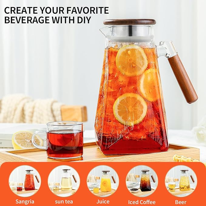 1.8 Liter 60 oz Glass Pitcher with Wooden Lid & Handle - Heat-Resistant Borosilicate Jug with Trident Star Design, Perfect for Iced Tea, Lemonade, Cold Brew & Party Drinks (Clear, 60 oz)
