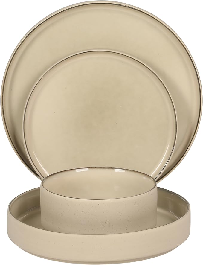 Gibson Elite Liberty Bay 16-Piece Pottery Clay Stoneware Dinnerware Set – Taupe Reactive Glaze, Stackable Plates and Bowls W/Pasta Bowl, Service for 4 – Microwave & Dishwasher Safe