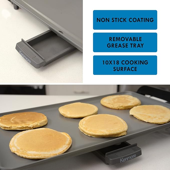 Kenmore Electric Griddle - Nonstick 10x18" Pan, External Temperature Control, Grill Bacon, Eggs, Pancakes, Crepes, Tortillas, Easy Clean Countertop Cooking Kitchen Appliance Removable Drip Tray