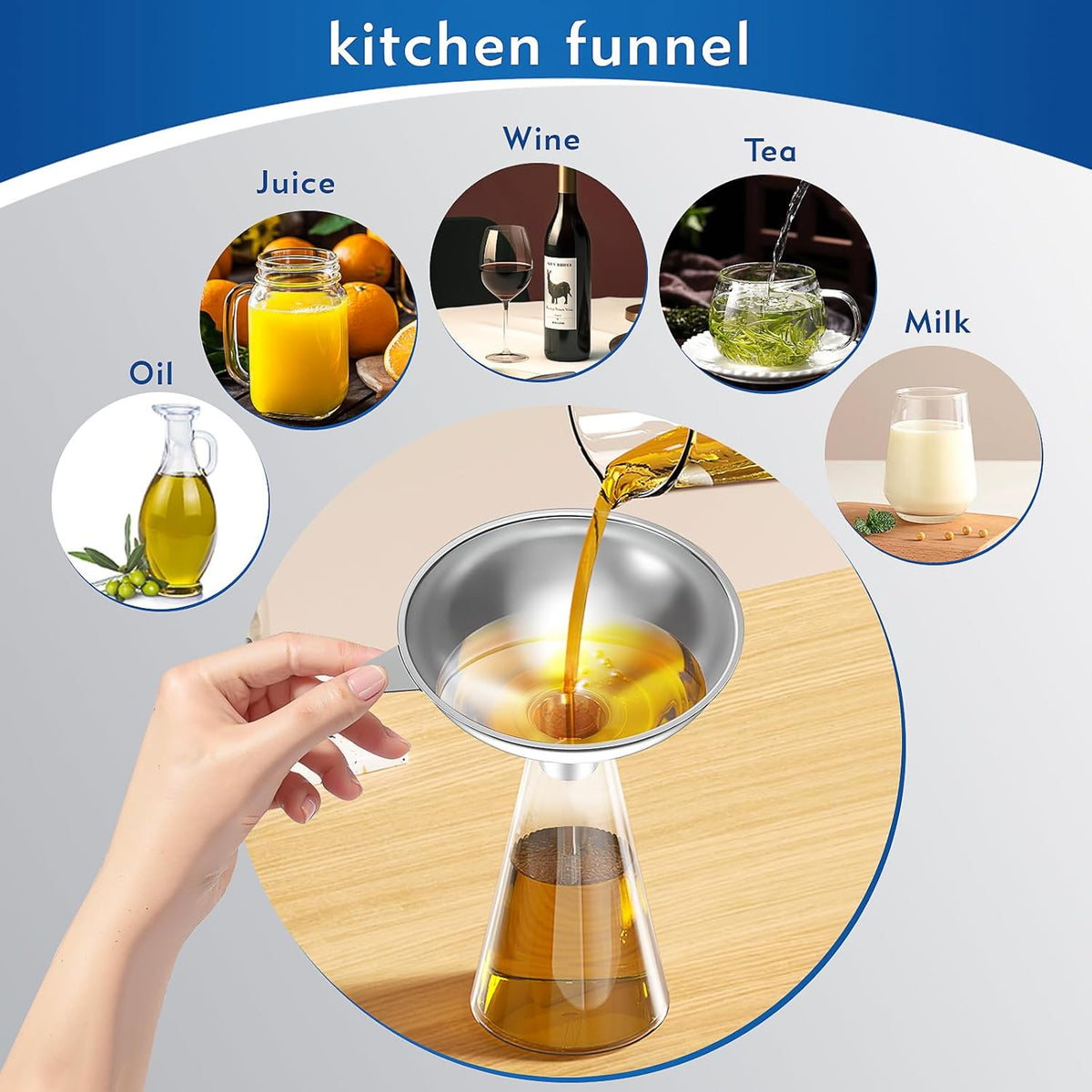 Stainless Steel Funnel (5.7 in. x 1 in. Mouth) with 30 Mesh Removable Stainless Steel Filter, Food Grade Metal Large Funnel for Kitchen, Liquids, Oils, Powders, Spices, Home Brewing.