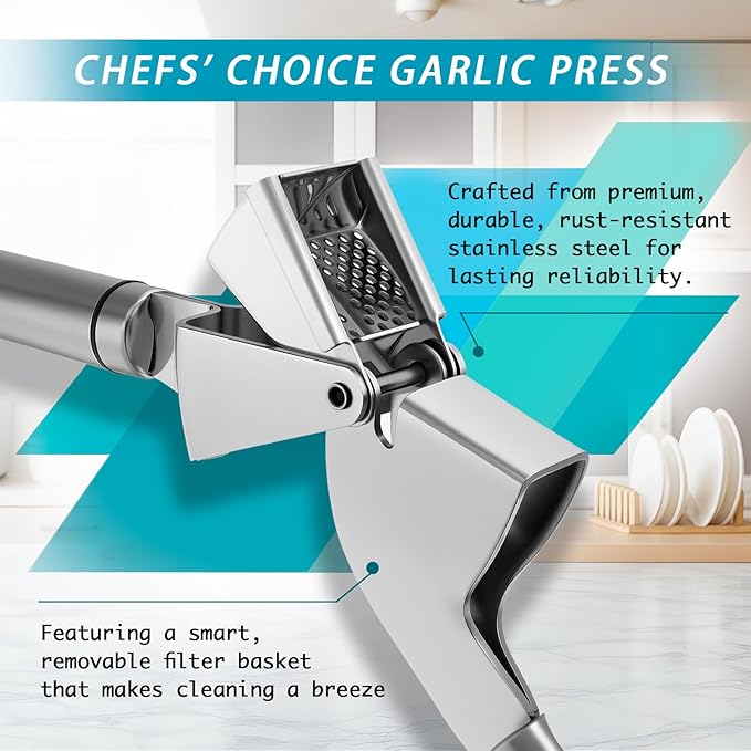 KULUNER Professional Garlic Press,Practical Garlic Peeler That Requires No Peeling,Minced Garlic Machine Crushes Garlic Into Fine Paste,Made of 304 Stainless Steel,Rust-Resistant and Easy to Clean