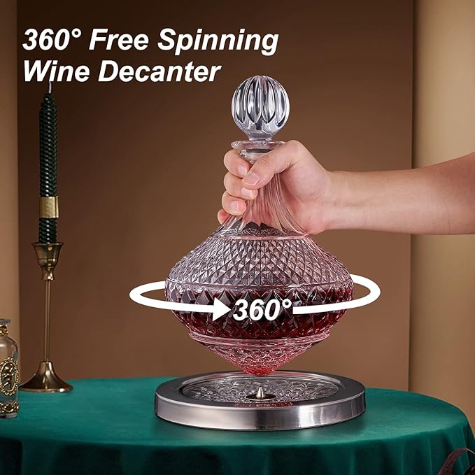 spinning wine decanter with stopper, 50 oz red wine decanter crystal and gift box, for wedding gift, birthday, helovers'day, christmas day.