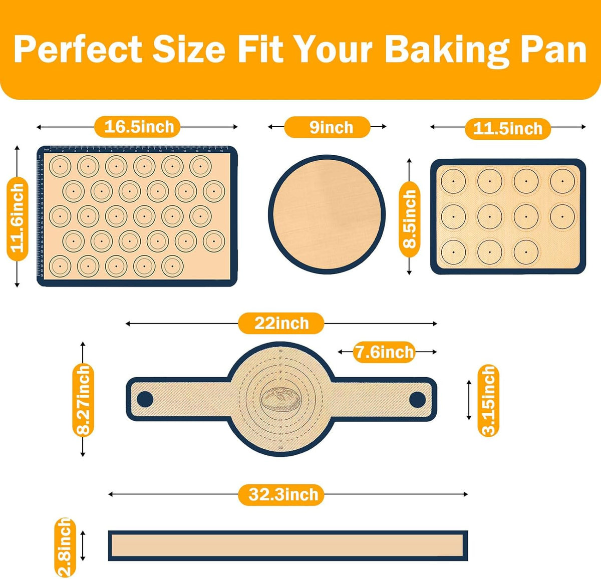 Macaron Silicone Baking Mat Set with Measurement Grid All-in-one 7Pcs Reusable Non-Stick Oven Mats Sheets for Macaron Cookie, Pizza, Pastries & Bread