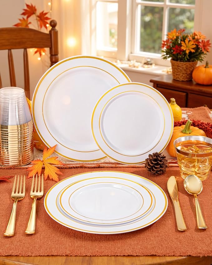 bUCLA 150PCS Gold Plastic Dinnerware Set Disposable - Heavy Duty Gold Plates Include 25 Dinner & 25 Dessert Plates,25 Forks,25 Knives,25 Spoons&25 Cups for Party&Thanksgiving Table Decor