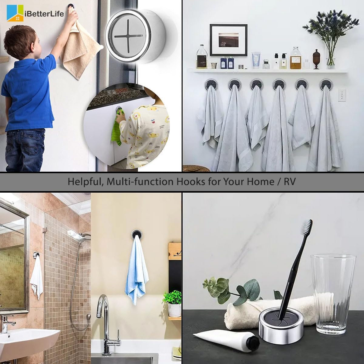 iBetterLife Adhesive Kitchen Towel Hooks - 4 Pack Dish Towel Holder for Cabinet, Push Hand Towel Hook, Dish Cloth Rag Holder for Home Bathrooms, Kitchens, Garages, RV, Within Easy Reach, Matte Black