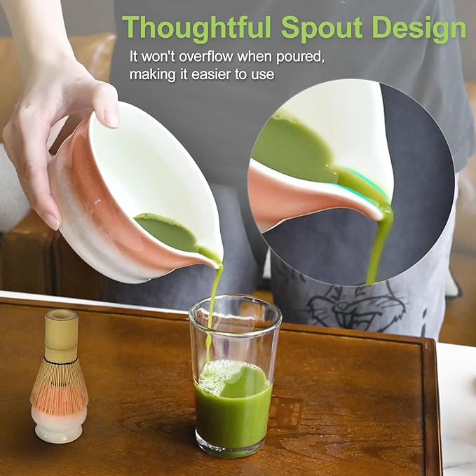 Pink Matcha Whisk Making Set - Japanese Tea Kit with Whisk Bowl and Bamboo Scoop Ceramic Chawan with Spout for Traditional Tea Ceremony Complete Matcha Making Tools Gift for Tea Lovers (Pink, 5 PCS)