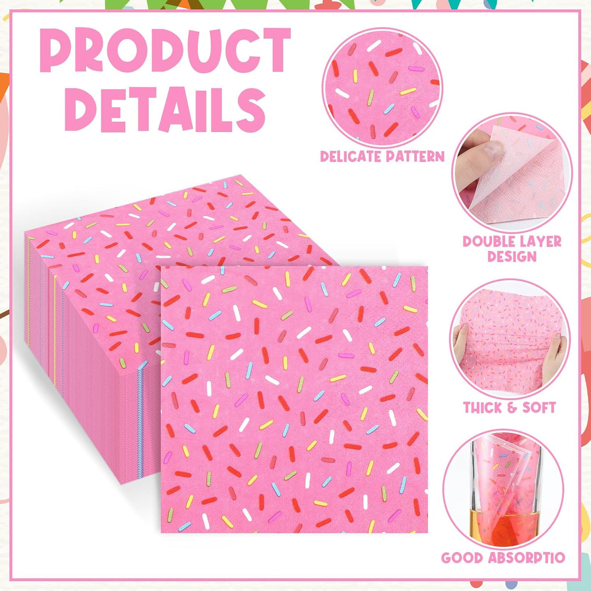 100 Pcs Sprinkles Napkins 2 Ply Disposable Paper Napkins for Baby Shower Birthday Party Theme Table Decor Supplies (Pink,Donut)