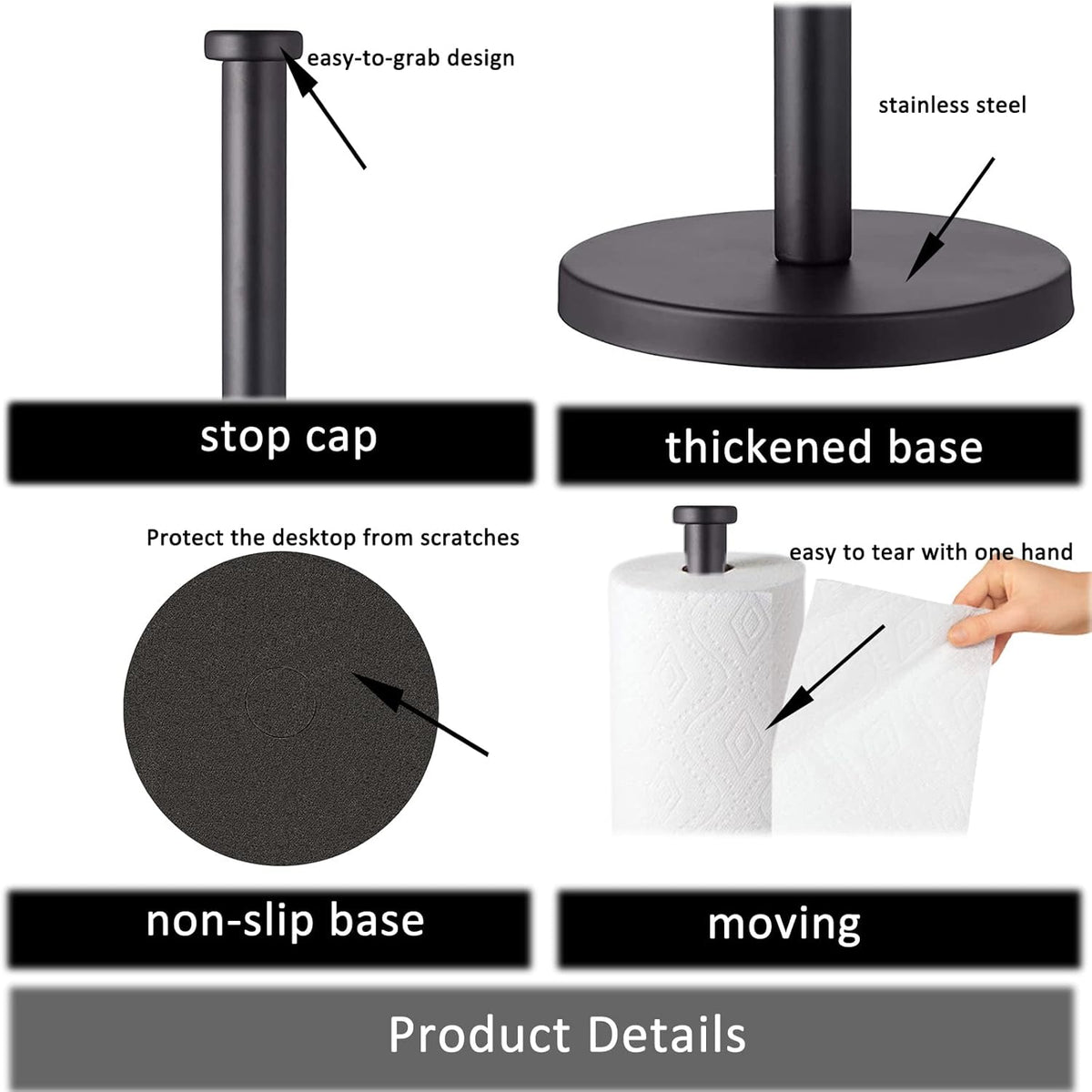 Stainless Steel Paper Towel Holder, Black Countertop for Kitchen Bathroom, Standing with Weighted Base