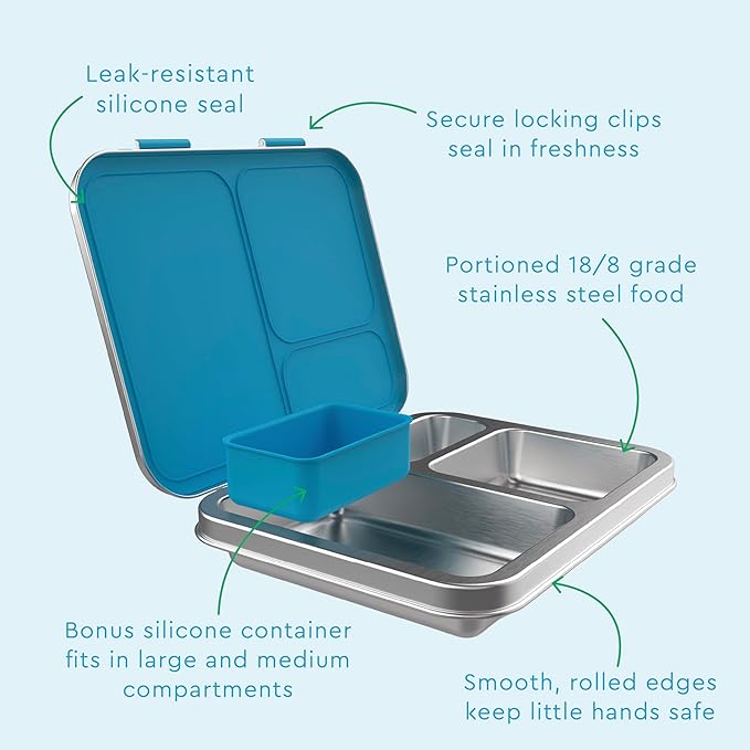 Bentgo Kids Stainless Steel Prints Leak-Resistant Lunch Box - 3-Compartments with Bonus Silicone Container, Durable, Eco-Friendly, Dishwasher Safe, BPA-Free, Ideal for School, Ages 3+ (Dinosaur)