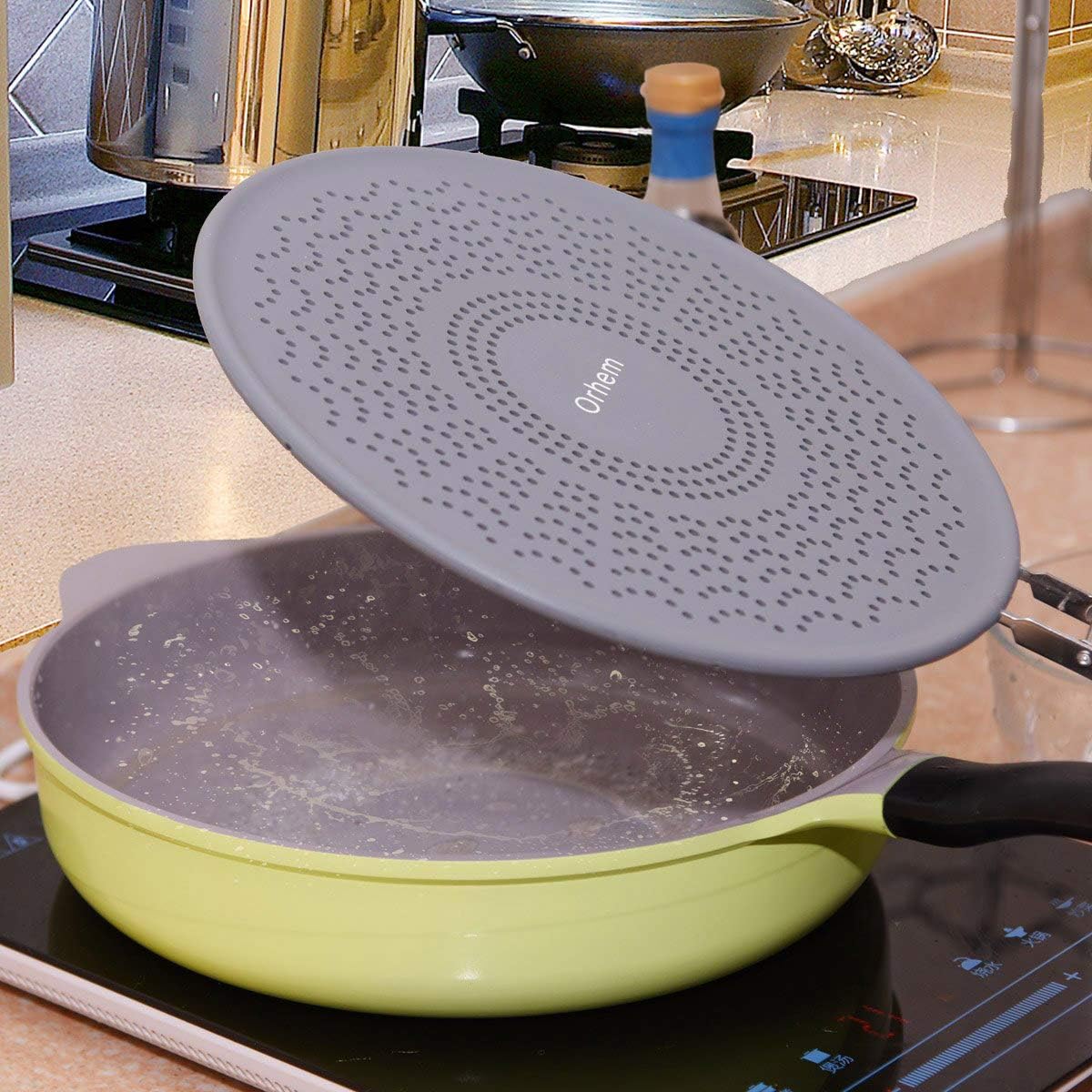 11" Silicone Splatter Screen Pan Cover with Folding Handle, Heat Insulation Cooling Mat, Strainer, Drain Board, Oil Splash Guard for Frying Pan