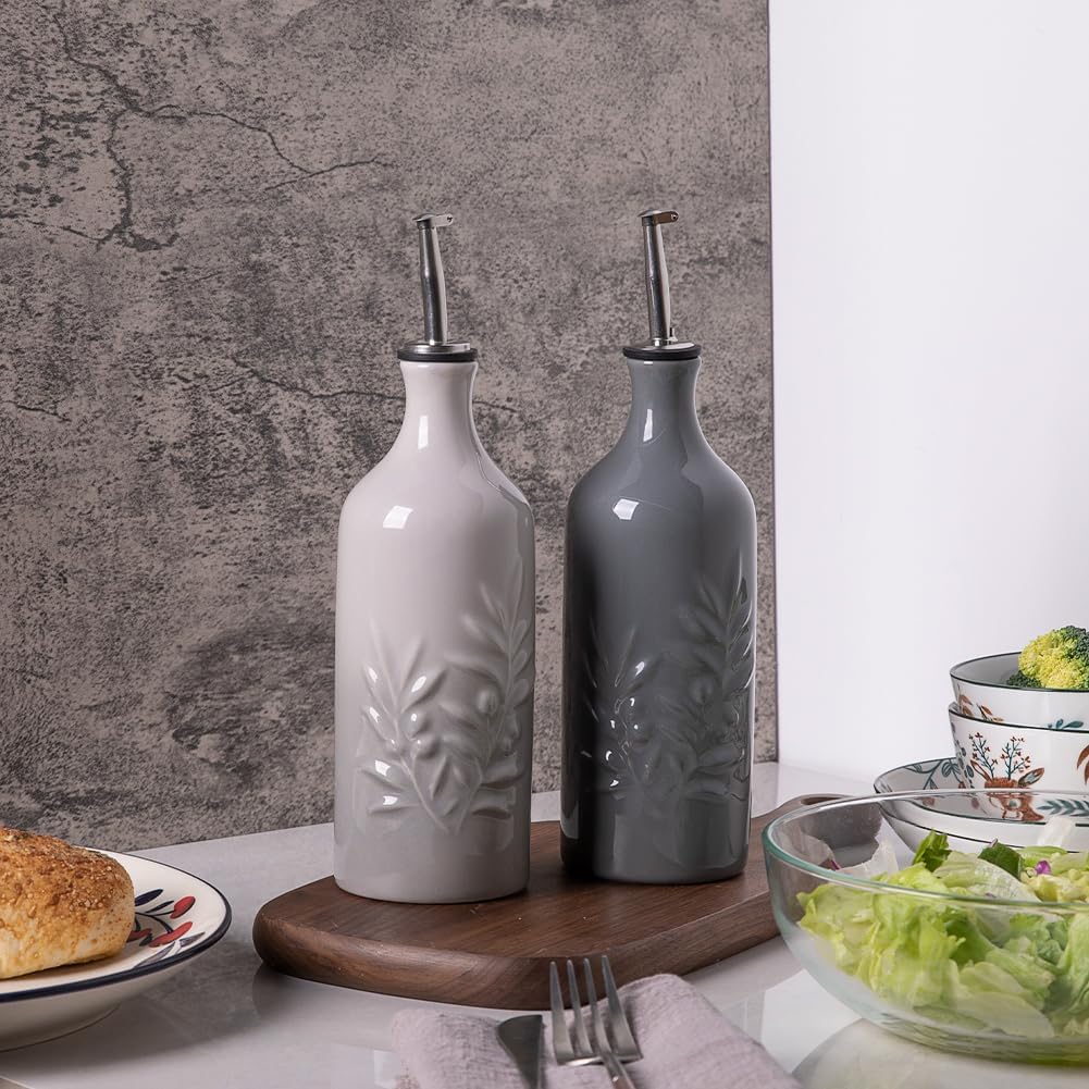 Sweejar Ceramic Olive Oil Dispenser Bottle, 20 Oz Relief Opaque Oil Cruet Protects Oil To Reduce Oxidation, Storage Vinegar, Soy Sauce, Coffee Syrup, Liquids, Set of 1 (Gradient Fog Gray)