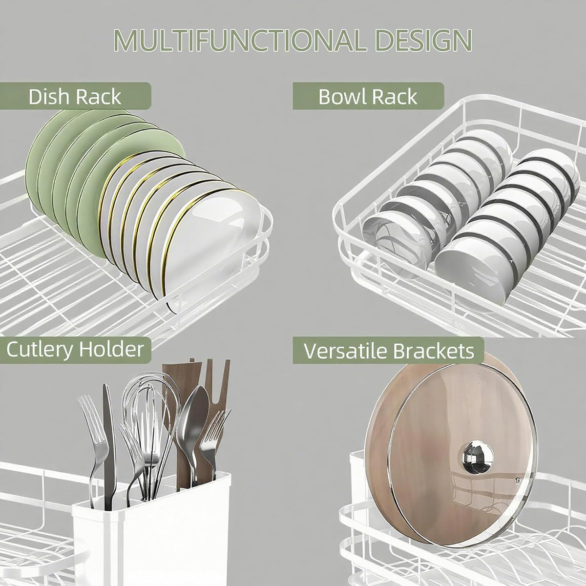 Dish Drying Rack Stainless Steel Drying Racks for Kitchen Counter Large Capacity Storage Racks with Drainboard Curlery Holder Multicolor (White)