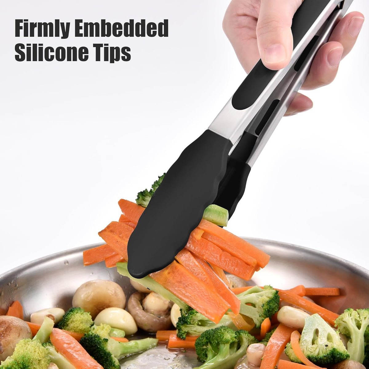 Doosu Kitchen Tongs for Cooking - 600°F Heat Resistant Food Tong Set with Non-Scratch Silicone Tips, Heavy Duty Stainless Steel Locking Tong for BBQ, Grilling Steak, Serving Salad (7+9+12in, Black)