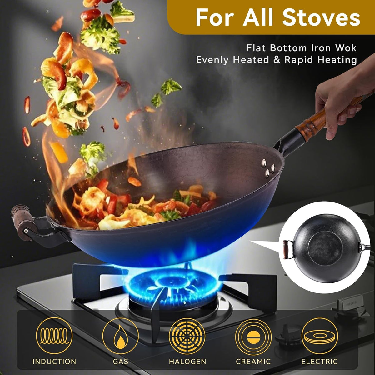 WANGYUANJI Cast Iron Pot,13.4 inch Craft Wok Chinese Wok,Flat Bottom Iron Woks with Lid,Fry Pan Suitable for Induction, Electric, Gas, Halogen All Stoves-Black