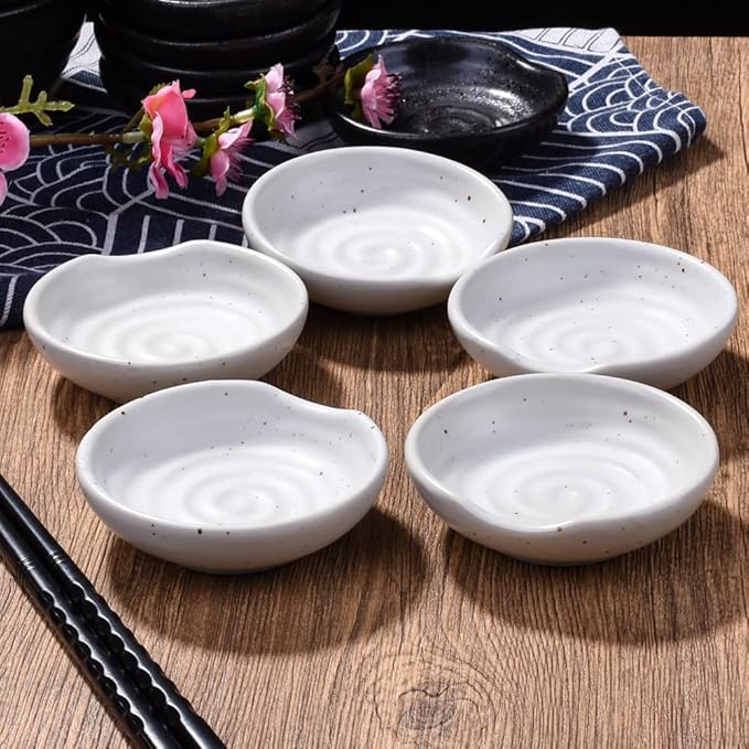 3.1 Inch Porcelain Side Dish Bowl Seasoning Dishes Soy Sauce Dishes Dipping Sauce Bowls-Set of 5,Soy Sauce Dish with Mouth(White)