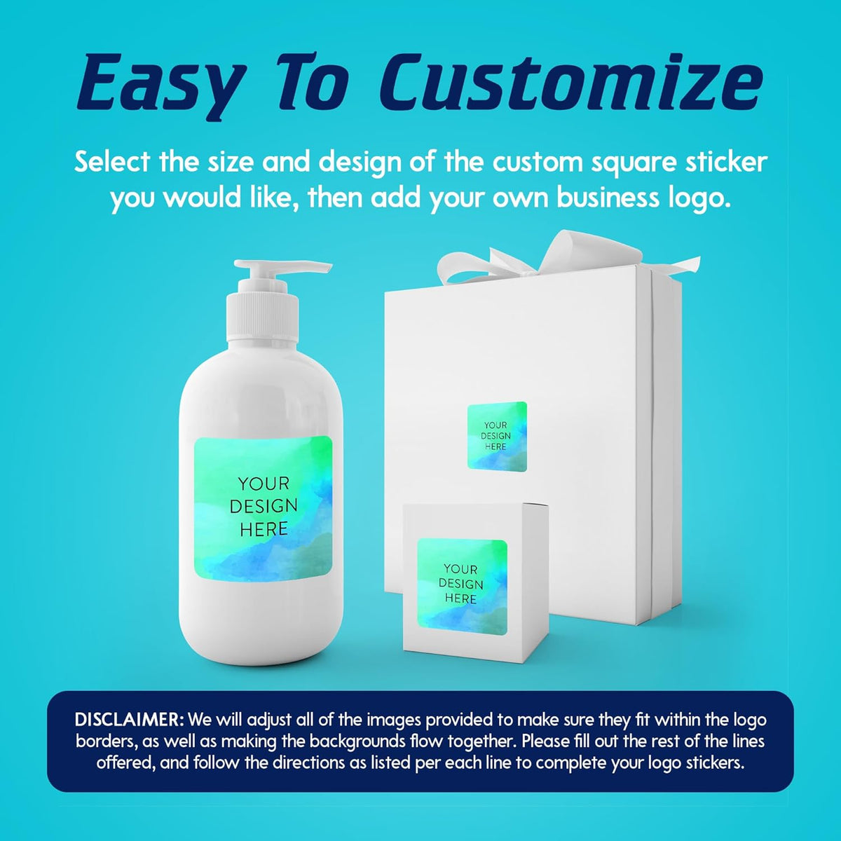 100 Custom Vinyl Stickers - Upload Your own Image, Text, Design, Logo - Personalized Logo Labels for Handmade, Packaging, Bottle, Jars, Candle, Brand Stickers (Blue Green, 2x2 Square)
