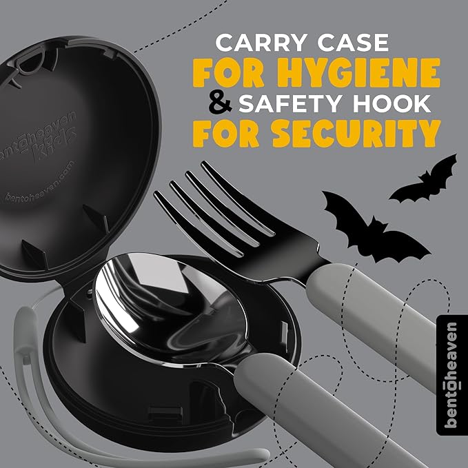 Bentoheaven Kids Travel Utensils with Case, Food-Grade Stainless Steel & BPA-Free Plastic, Travel Kid Cutlery Set, Dishwasher Safe Fork, Spoon & Case, Reusable Flatware, Silverware for Kids (Vampire)