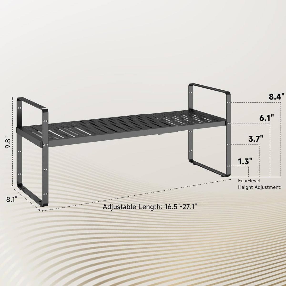 Hole Pattern Expandable Shelf Organizer,1Pack 8.1" Wide Easy to Assemble Cabinet Organizer Shelf, 16.5~27.1" Adjustable Height&Stackable Spice Organization for Cupboard, Black