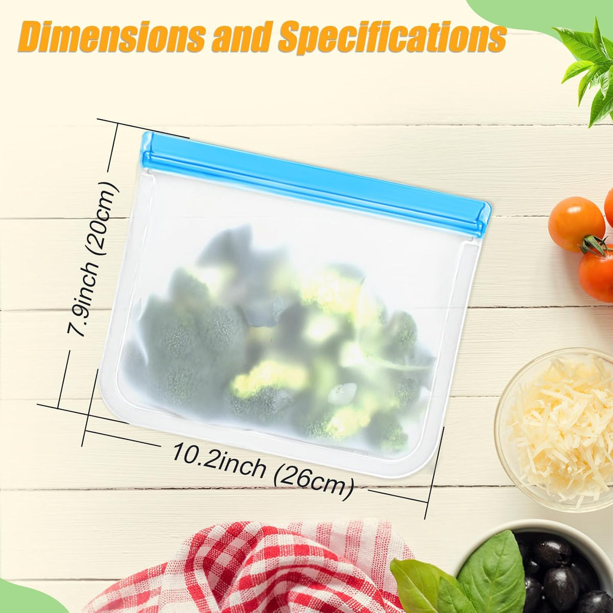 10 Pack Reusable Silicone Food Storage Bags, Leakproof Dishwasher Safe Reusable Freezer Bags for Food Storage Containers, Lunch Bag for Sandwich, Marinate Meat, Salad Fruit 10.3'' x 7.9''