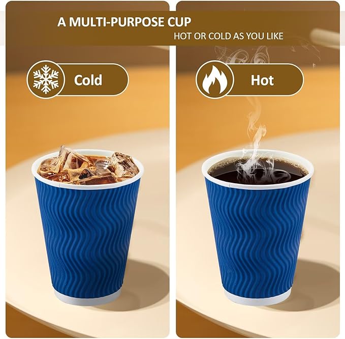 100 Pack Coffee Cups with Lids 12oz, Disposable Insulated Ripple Wall To Go Paper Coffee Cups for Hot/Cold Drinks Office Home Shop Event (Navy)