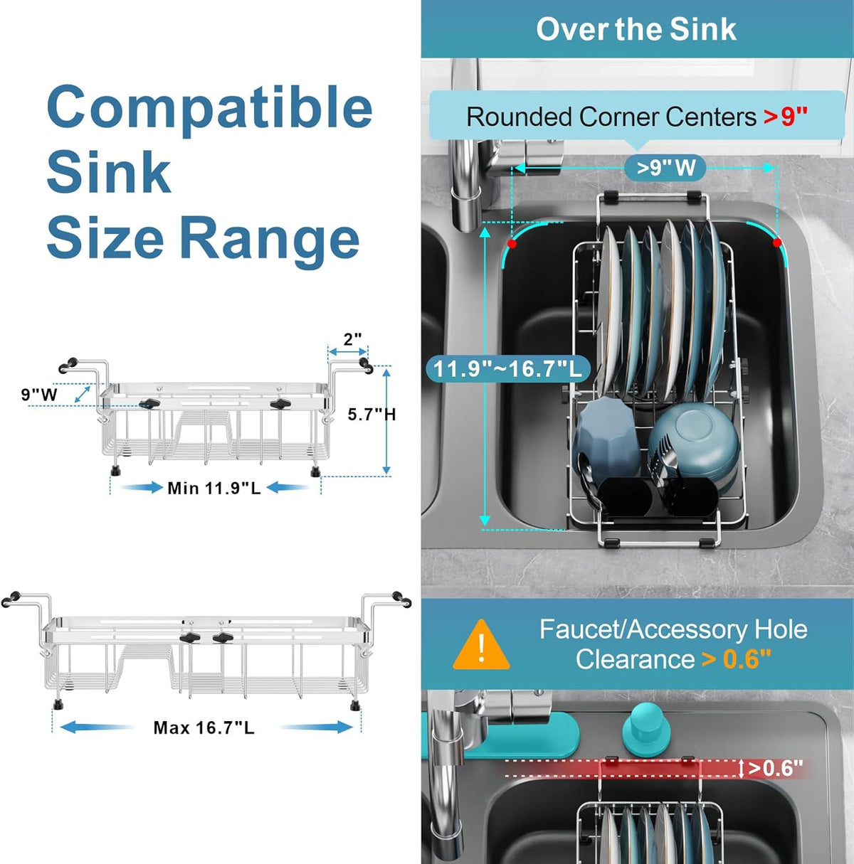 GSlife Small in Sink Dish Drying Rack - Stainless Steel Capacity Expandable Dish Drainer with Utensil Holder for Counter or Inside Sink, 11.9“-16.7” L x 9" W x 5.7" H, Silver