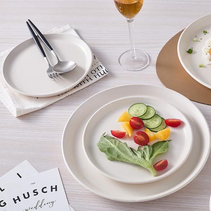 Stone Lain Jules Stoneware Dinnerware, Plates and Bowls, Dish Set for 4, Off White, Microwave & Dishwasher Safe, 16-Piece