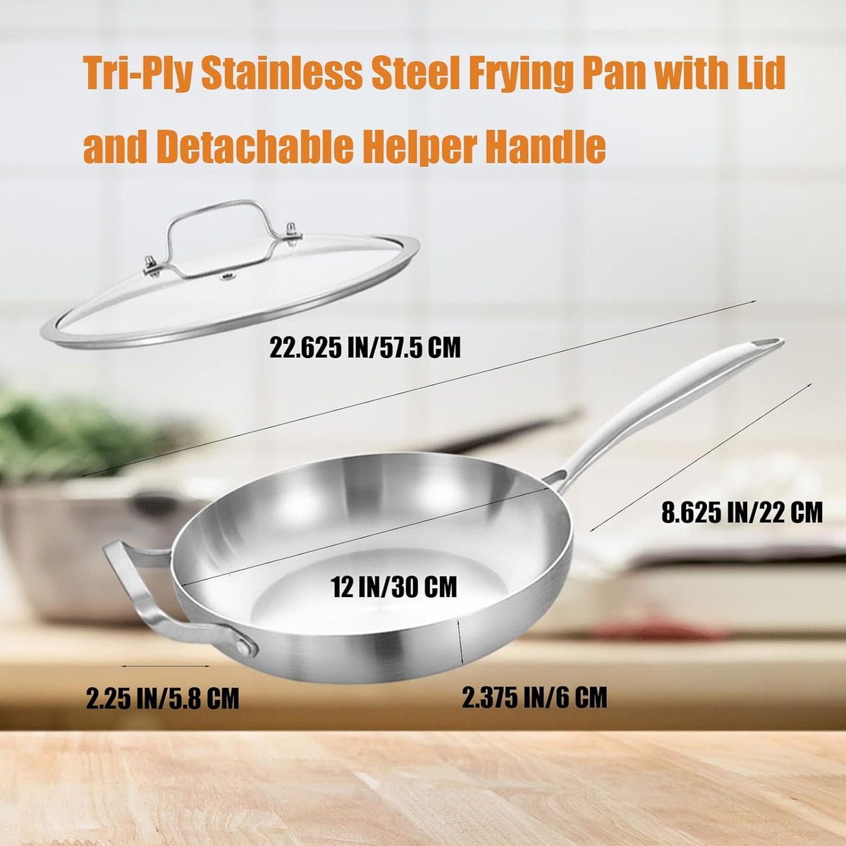 Inqibee 12 Inch Tri-Ply Stainless Steel Frying Pan with Lid and Helper Handle,Skillet,Induction Cooking Pan,Dishwasher and Oven Safe,Detachable Handle.