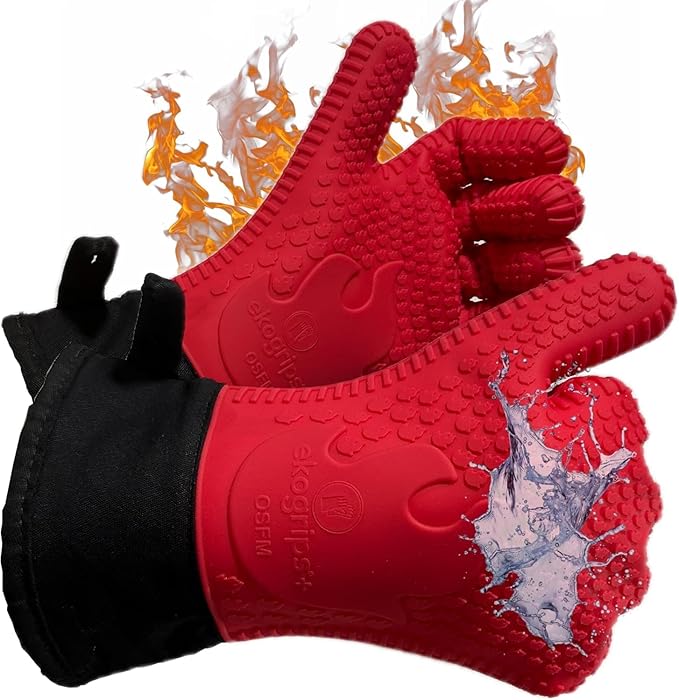 Ekogrips Plus Oven Gloves with Fingers, Comfy Waterproof Silicone Oven Mitts Heat Resistant with Long Cuff, Insulated BBQ Gloves Perfect for Grilling, Baking, Smoker, Canning, Pizza, Red, Hot Mitts
