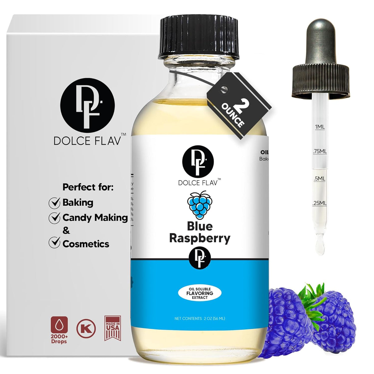 Dolce Flav Blue Raspberry Extract – 2 Ounce Oil-Soluble Kosher, Sugar-Free, Concentrated Blue Raspberry Flavoring for Baking, Chocolates & Desserts, Includes Measured Dropper