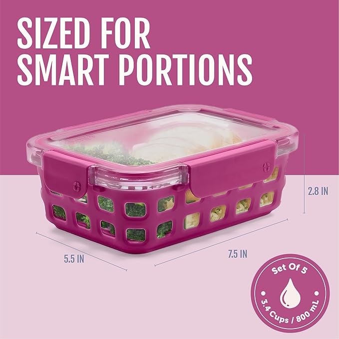 Ello Duraglass 3.4 Cup Meal Prep Sets 10Pc, 5 Pack Set- Glass Food Storage Container with Silicone Sleeve and Airtight BPA-Free Plastic Lids, Dishwasher, Microwave, and Freezer Safe, Evening Orchard
