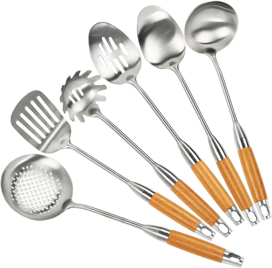 18/8 Stainless Steel Kitchen Utensils Set with Wood Handle, 6 Pcs 15 inch Cooking Utensils Tools, Turner, Ladle, Spoons & Pasta Server