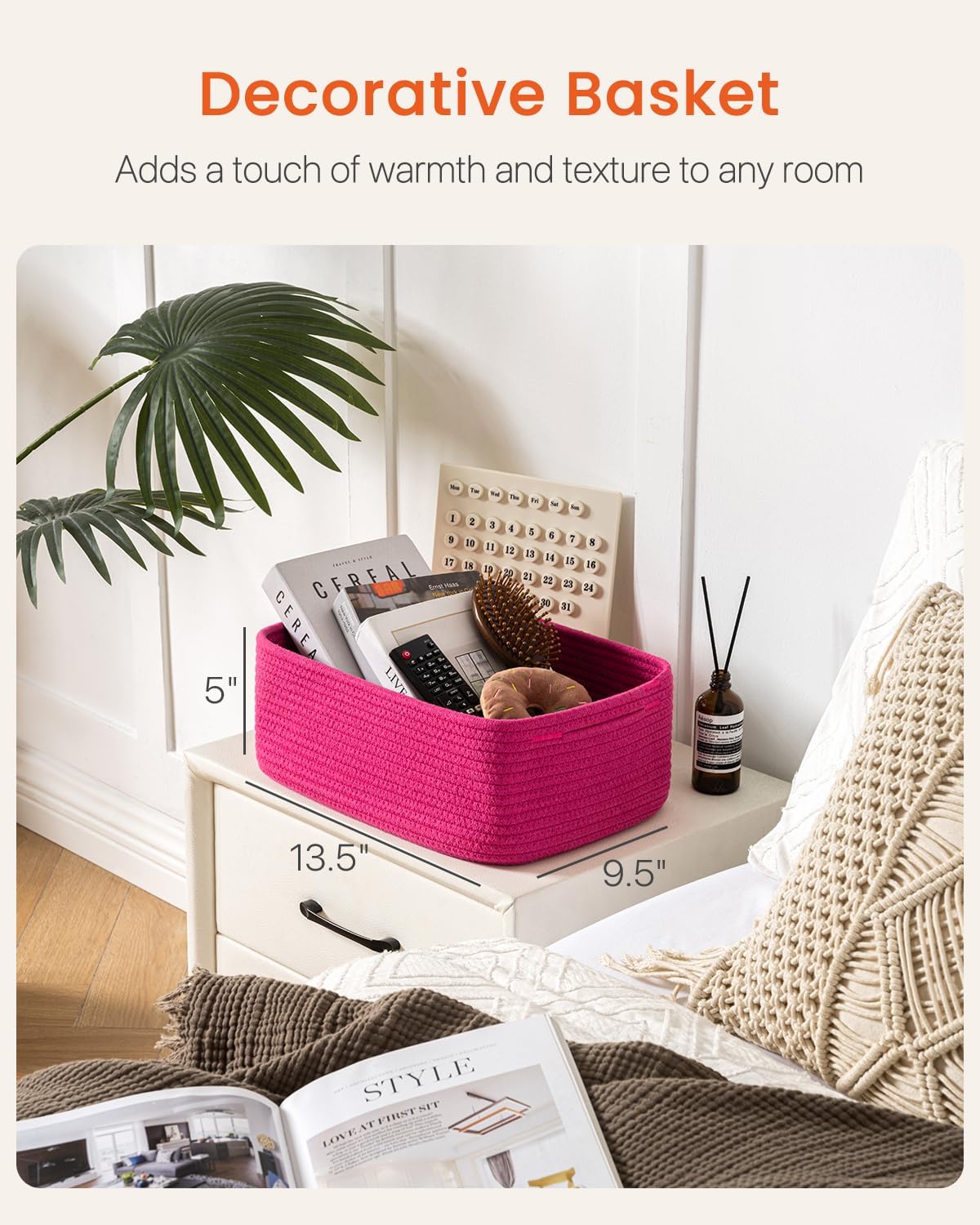 Small Woven Basket, 13.5 x 9.5 x 5 Inches, Storage Basket for Organizing, Cute Small Rope Shelf Closet Cube Storage Bins Baskets for Shelves, Dog Toy Gift Baskets Empty, 3 Packs, Hot Pink