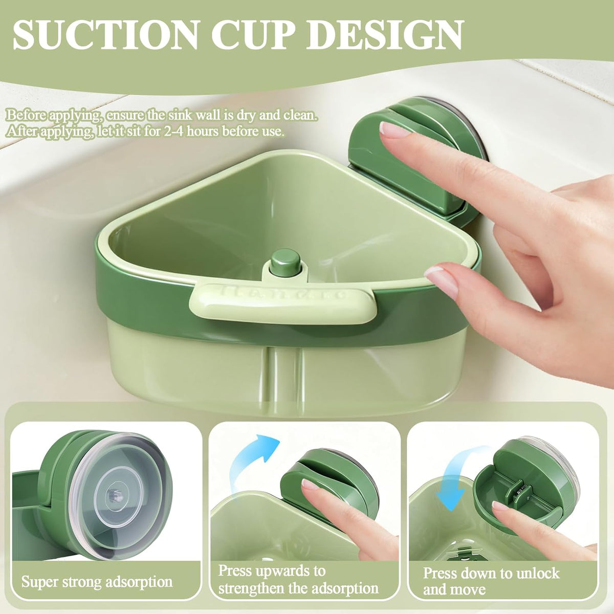 Sink Strainer Basket, 2025 New Upgraded Suction Cup Sink Corner Rack, Triangle Suction Cup Press Sink Drainer Basket, Automatic Dumping Corner Sink Trash Catcher for Kitchen Bathroom (Green)