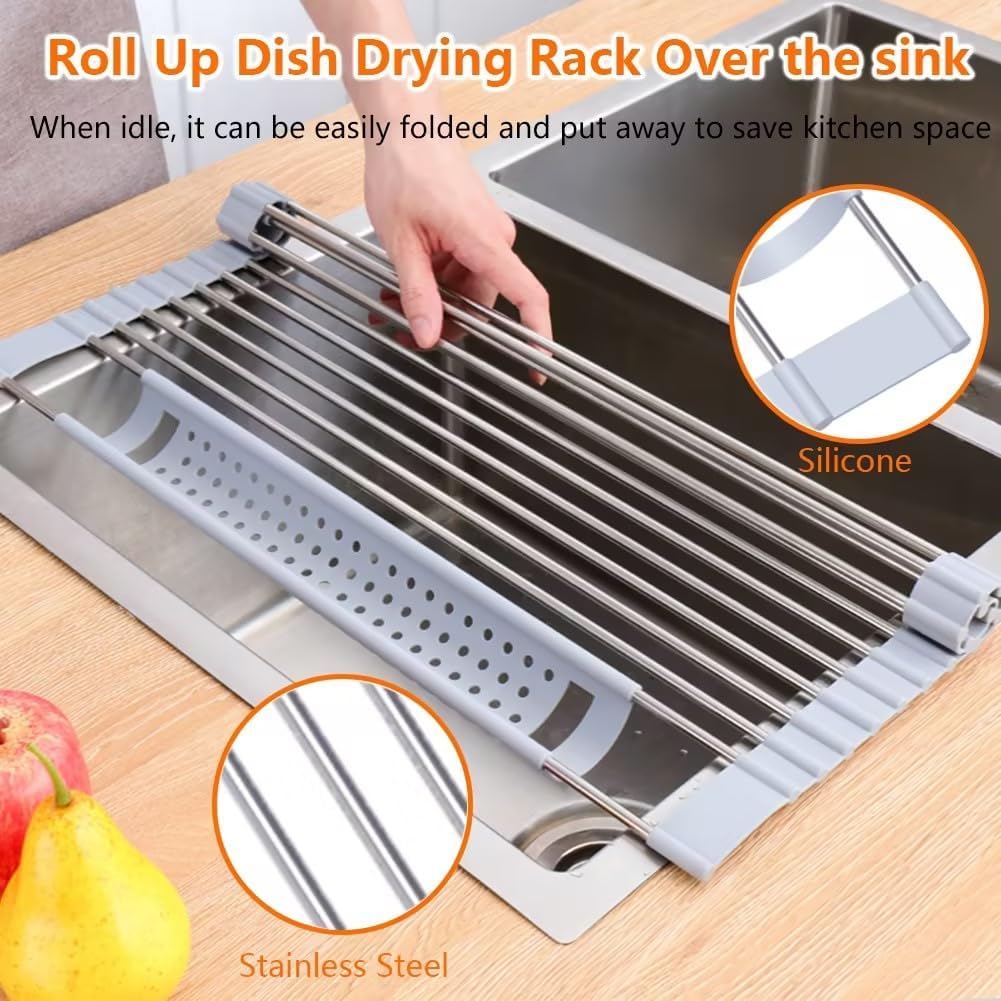Silicone Wrapped Dish Drying Rack Above Sink, Width 20.47 inches x Length 12.99 inches, roll up Dish Drain Above Sink - Foldable (Stainless Steel)