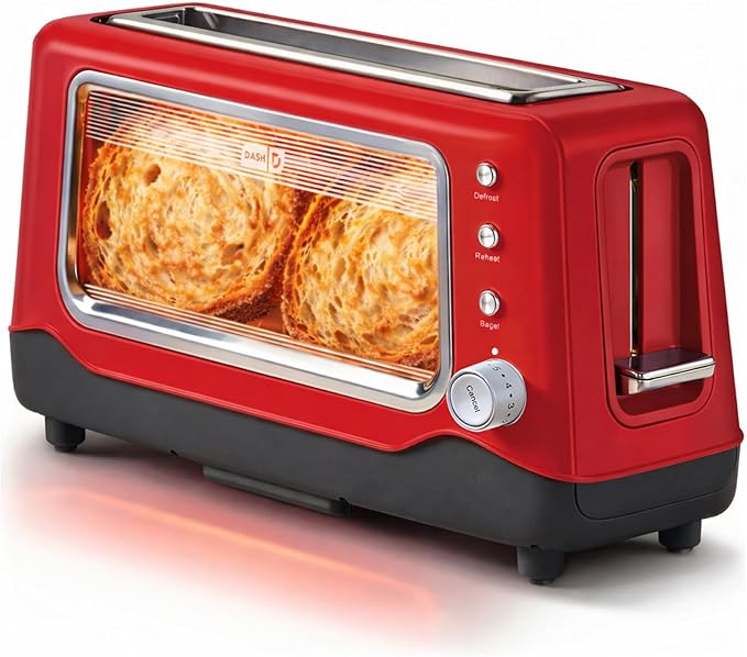 Dash Clear View Toaster - Features Large Window & Extra-Wide Slots - Auto-Shut Off Feature - Bagel Functions, & Seven-Browning Levels - 1-Touch Defrost - Red