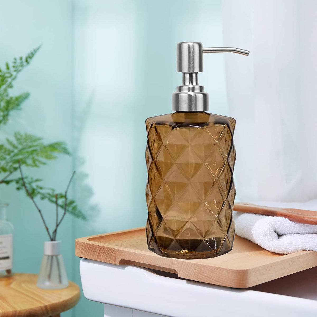 12Oz Brown Glass Soap Dispenser with Stainless Steel Pump, Refillable Kitchen Liquid Hand Soap Dispenser with Diamond Design, for Dispense Hand soap, Dish Soap, Lotion, Bathroom, Countertop, Hotel
