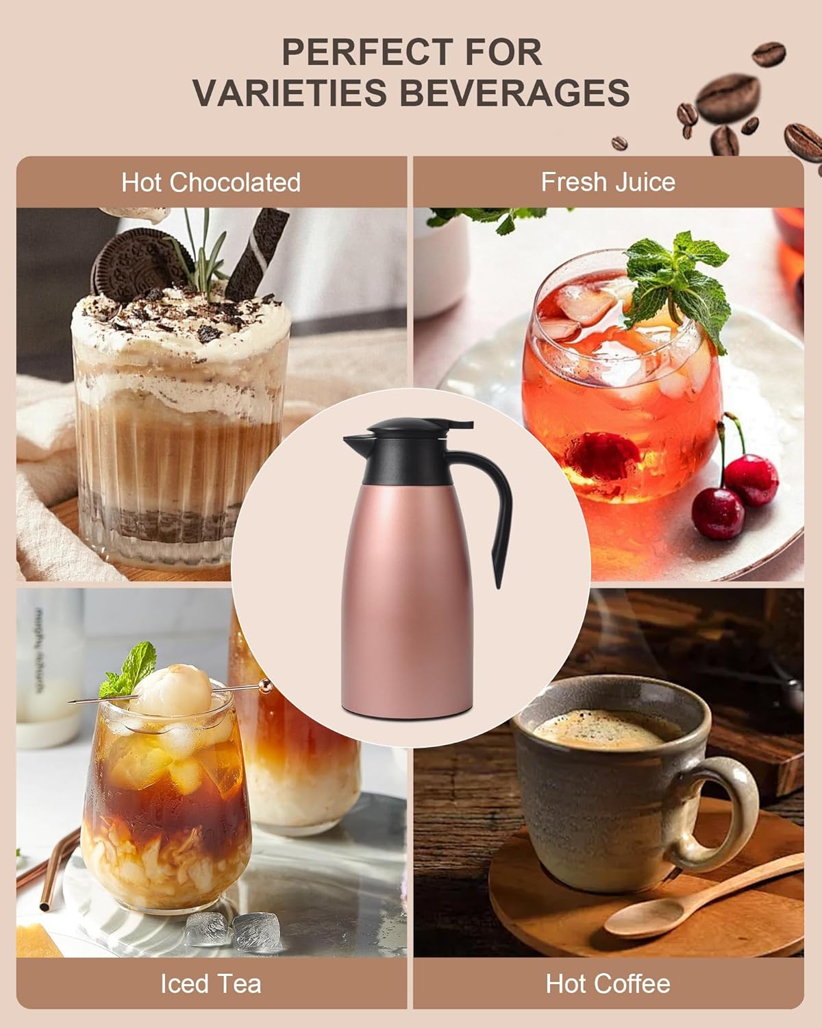70 oz Thermal Coffee Carafe for keeping hot, Updated Carafe for hot liquid, Airpot Insulated Stainless Steel Vacuum Thermal Pot for Coffee, Hot Water,Keep Hot 12 Hours (pink+pink)