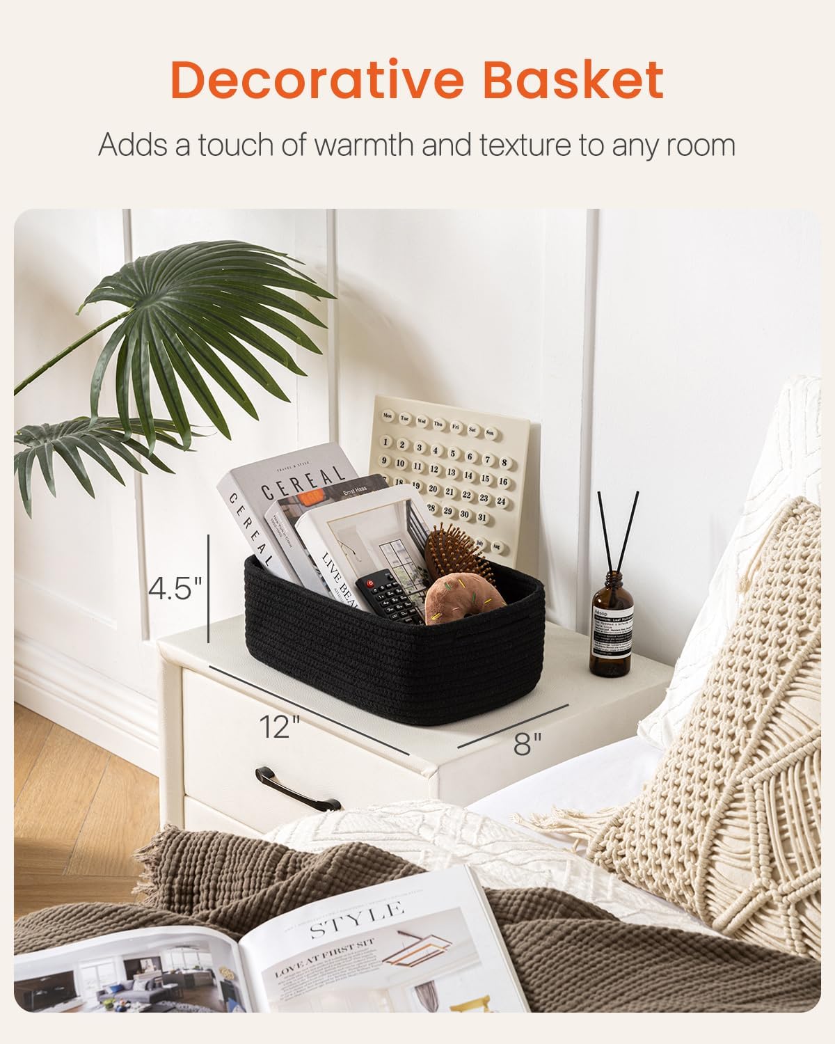 Small Woven Basket, 12 x 8 x 4.5 Inches, Storage Basket for Organizing, Cute Small Rope Shelf Closet Cube Storage Bins Baskets for Shelves, Dog Toy Gift Baskets Empty, 3 Packs, Black