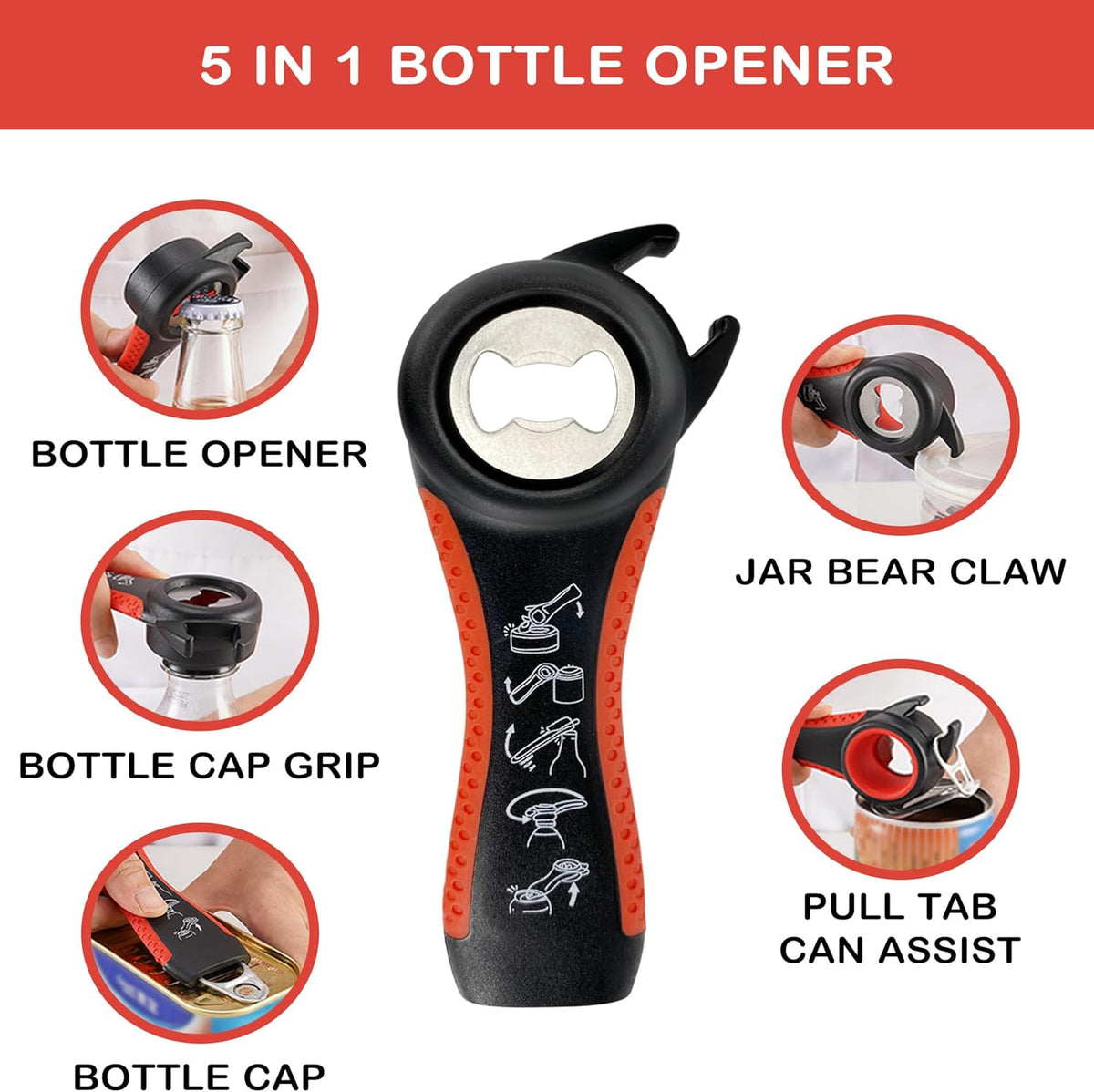 Jar Opener for Weak Hands, Seniors with Arthritis, 5 in 1 Multi Function Bottle Opener Lid Opener For Arthritic Hands
