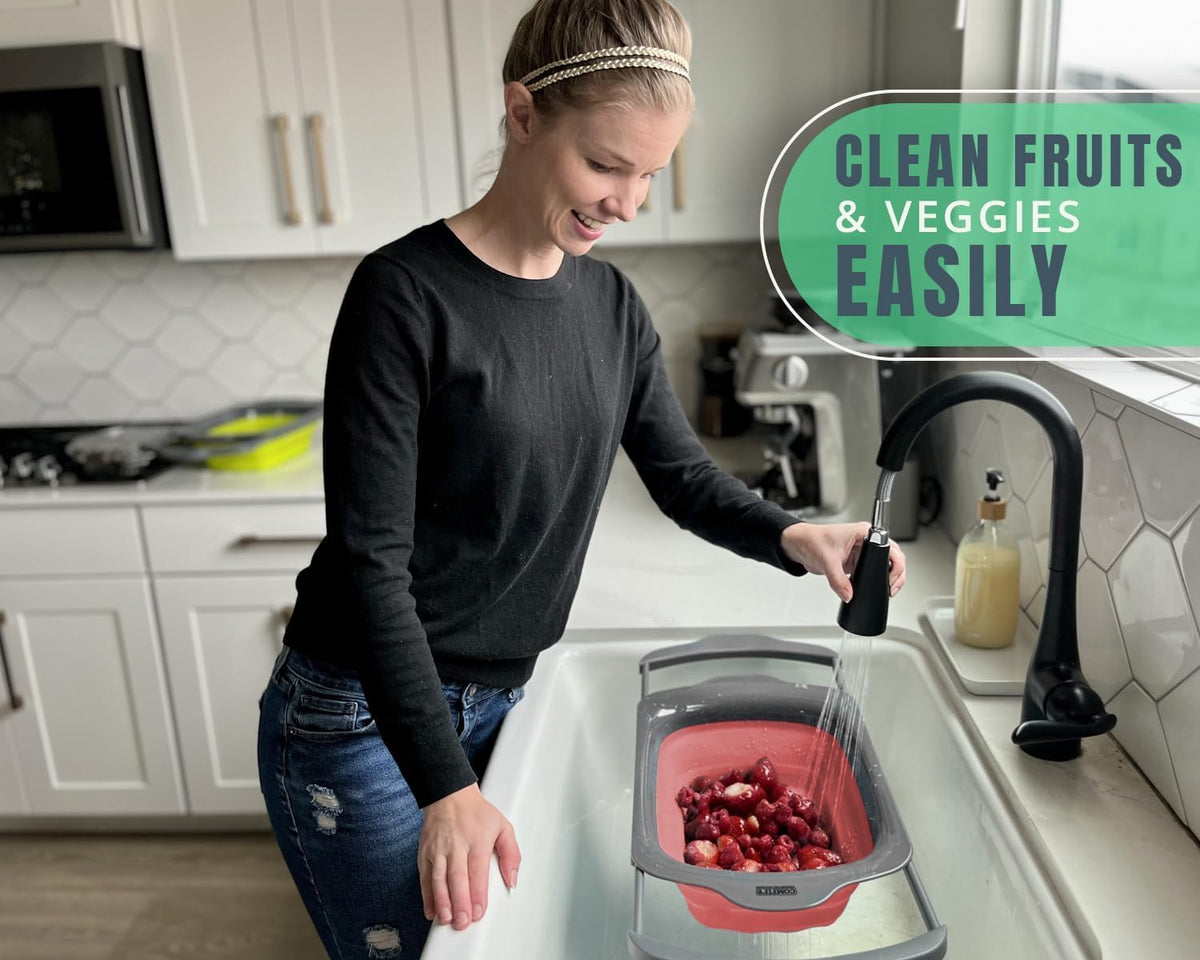 XL Large Kitchen Strainer by Comfify - Collapsible Silicone Over-The-Sink Colander with Extendable Handles - Use with Pasta, Fruit, Berries & Veggie - 6 Quart - Coral