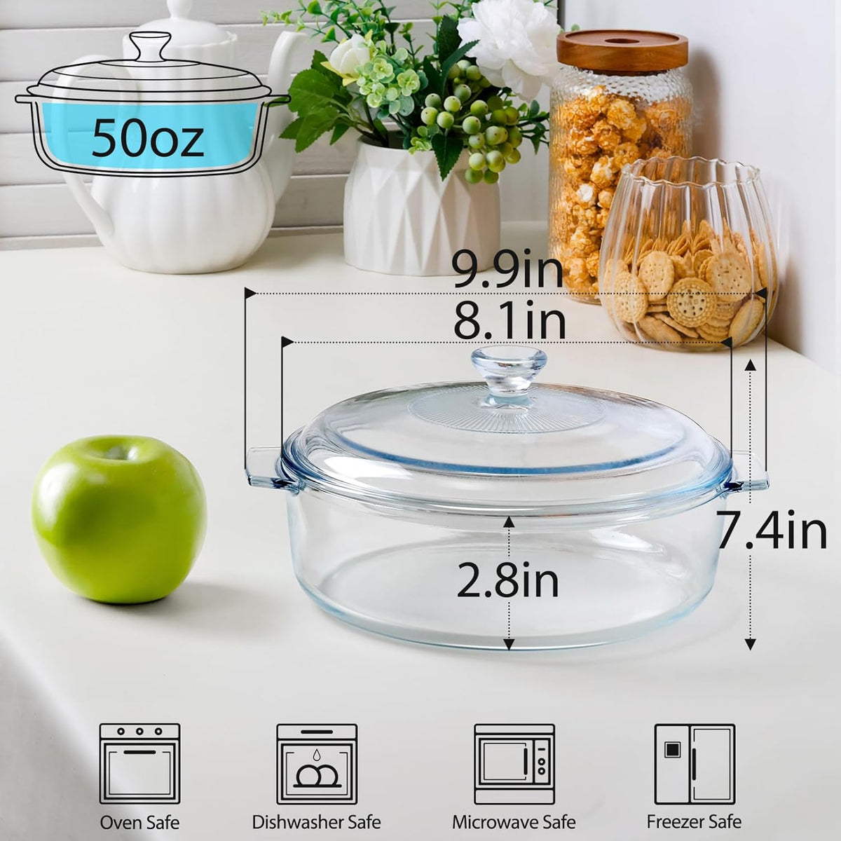 NUTRIUPS Small Glass Casserole Dish with Lid Oven Safe Covered Round Casserole Dish 8" Glass Microwavable Bowl With Lid Microwavable Cookware (Small-1.7L)
