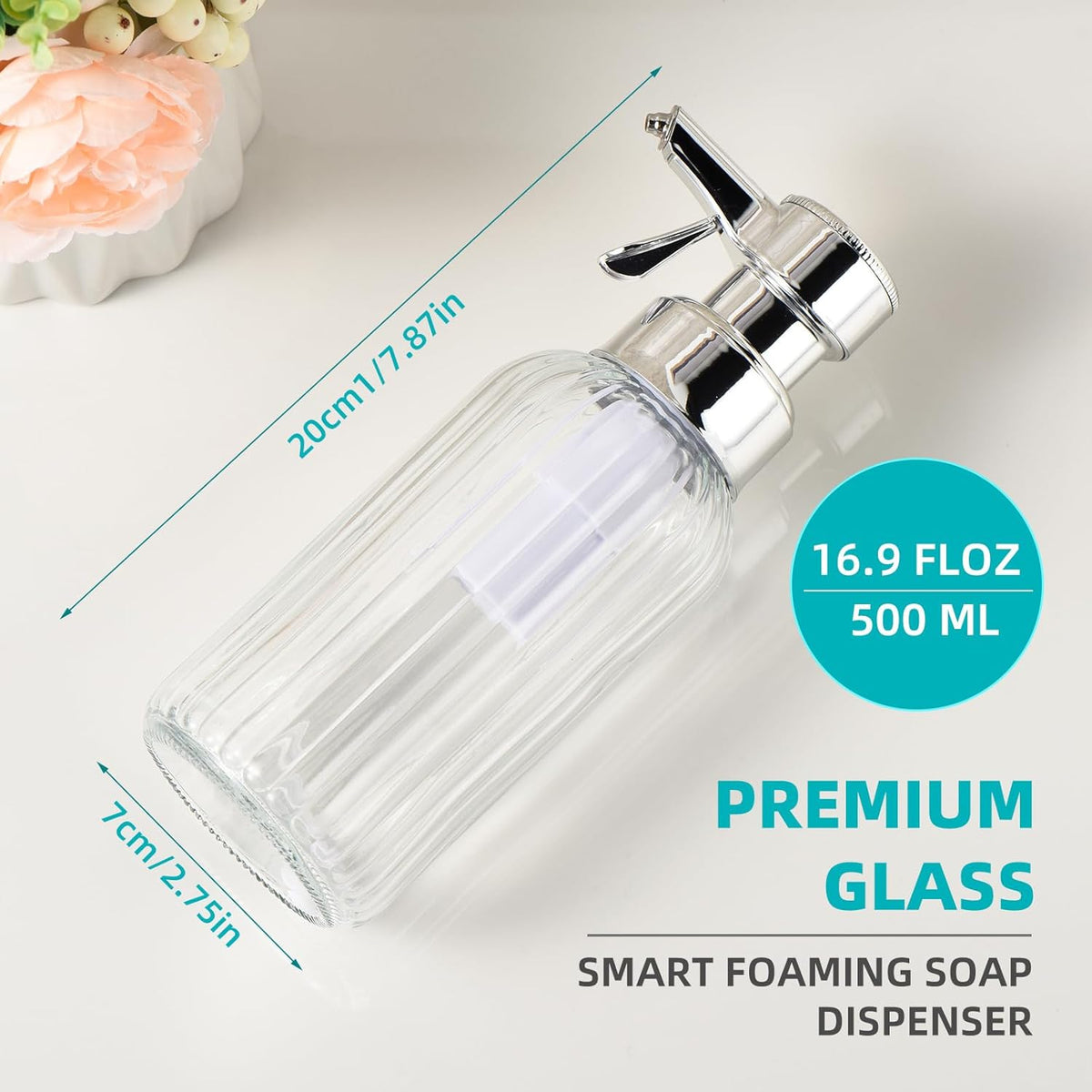 Automatic Foaming Soap Dispenser, 17oz Clear Glass Hand Soap Dispenser with ABS Touch Sensor Pump Battery Operated, Dish/Hand Soap Refillable for Bathroom Kitchen (Silver)