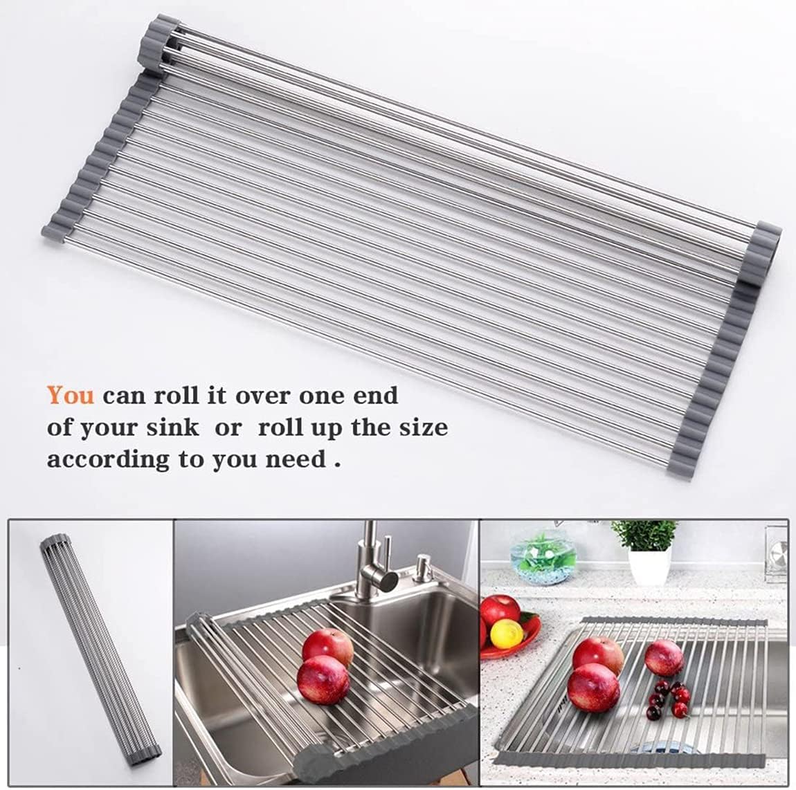 Ahyuan Roll up Dish Drying Rack Over The Sink Kitchen Roll up Sink Drying Rack Portable Dish Drainer Foldable Dish Drying Rack (Warm Gray, 20.5''X16.9'')