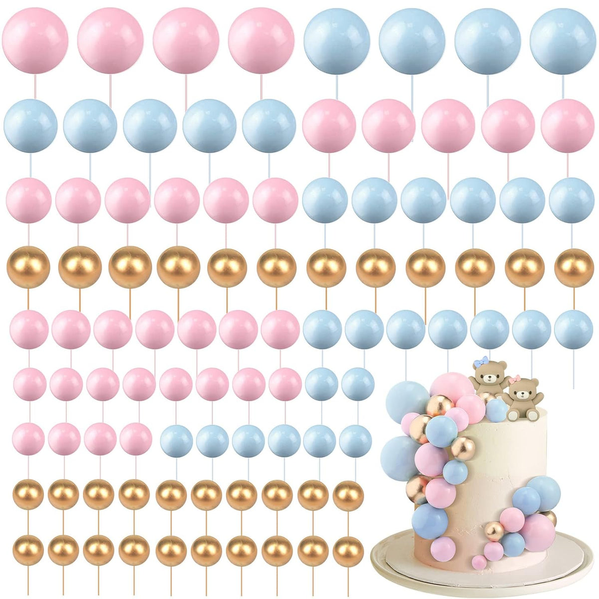 108 Pcs Balls Cake Topper DIY Cupcake Insert Foam Balloons for Cake Baking Wedding Anniversary Birthday Decoration(Pink, Blue, Gold,Multi Sizes)