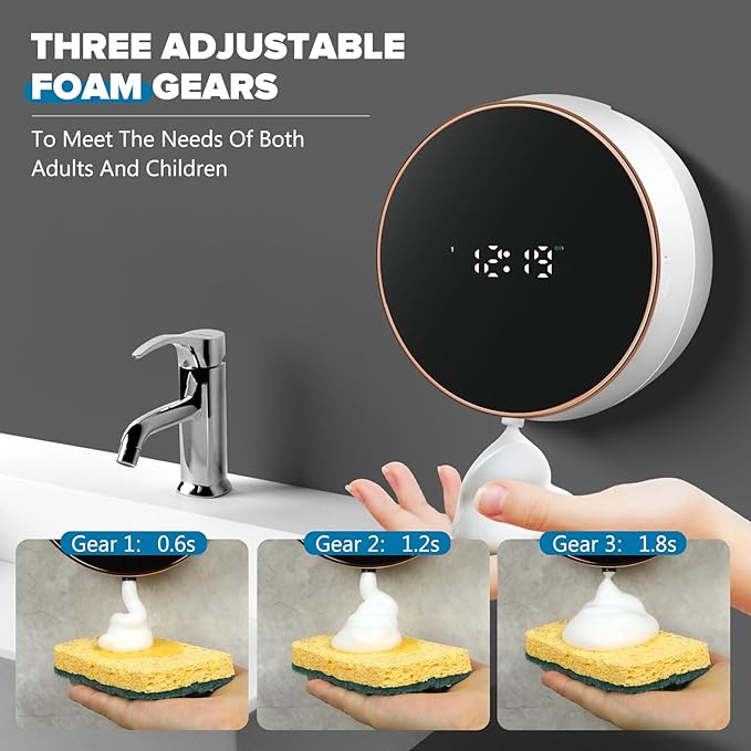 Automatic Soap Dispenser Foam Bathroom: Wall Mount Rechargeable Touchless Adjustable Auto Smart Electric Plastic White Foaming Soap Dispenser with Clock - Kitchen - Hand Dish Lotion Couple Kids