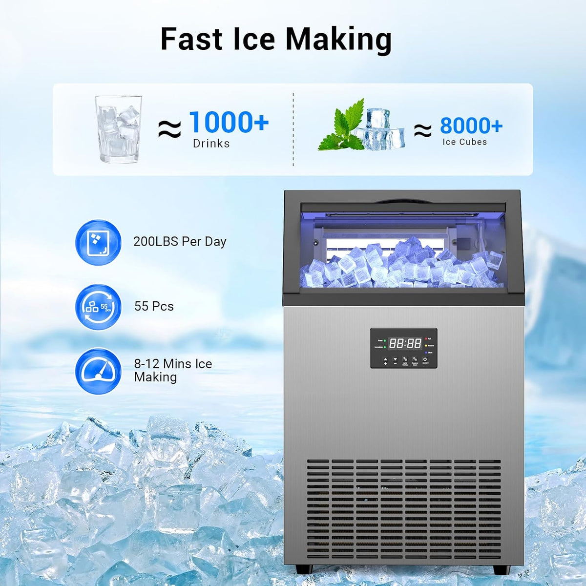 Commercial Ice Maker Machine 200LBS/24H, Under Counter Ice Machine with 50 LBS Storage Bin, 55 Ice Cubes in 8-12 Mins, Self Cleaning Free Standing Ice Maker for Home/Bar/Restaurant (200LBS / 24H)