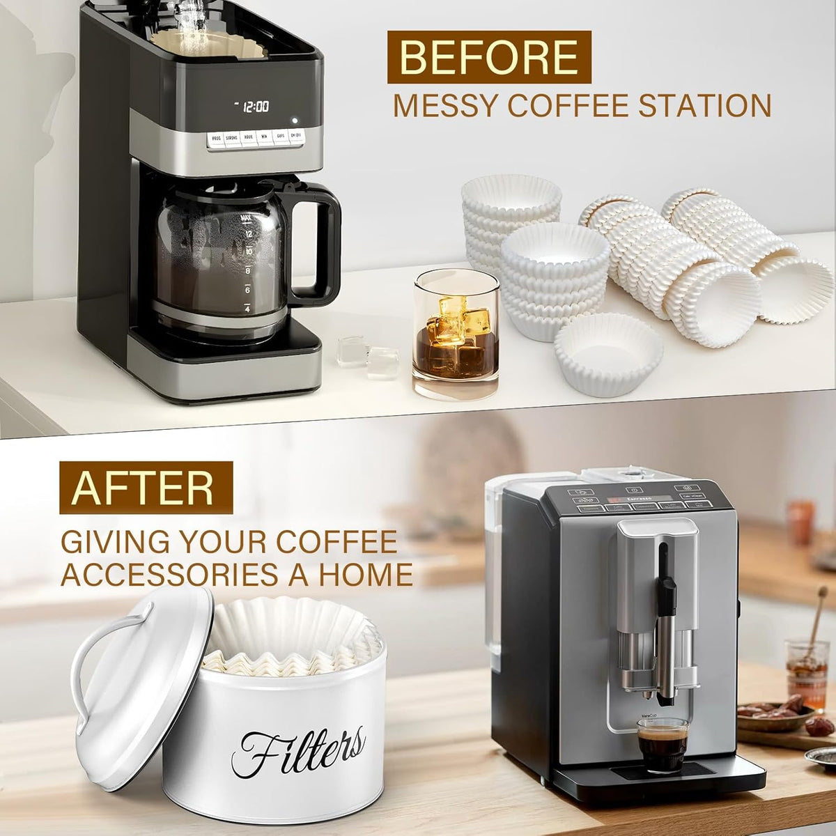 Coffee Filter Holder for Counter, Coffee Filter Storage with Lid, Round Container for Bar Accessories Decor (White)