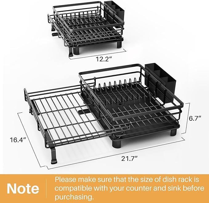 SNTD Dish Drying Rack - Extendable Dish Rack, Large Sink Drying Dish Drainer for Kitchen Counter, Stainless Steel Dish Strainer with Utensil Holder (Black)